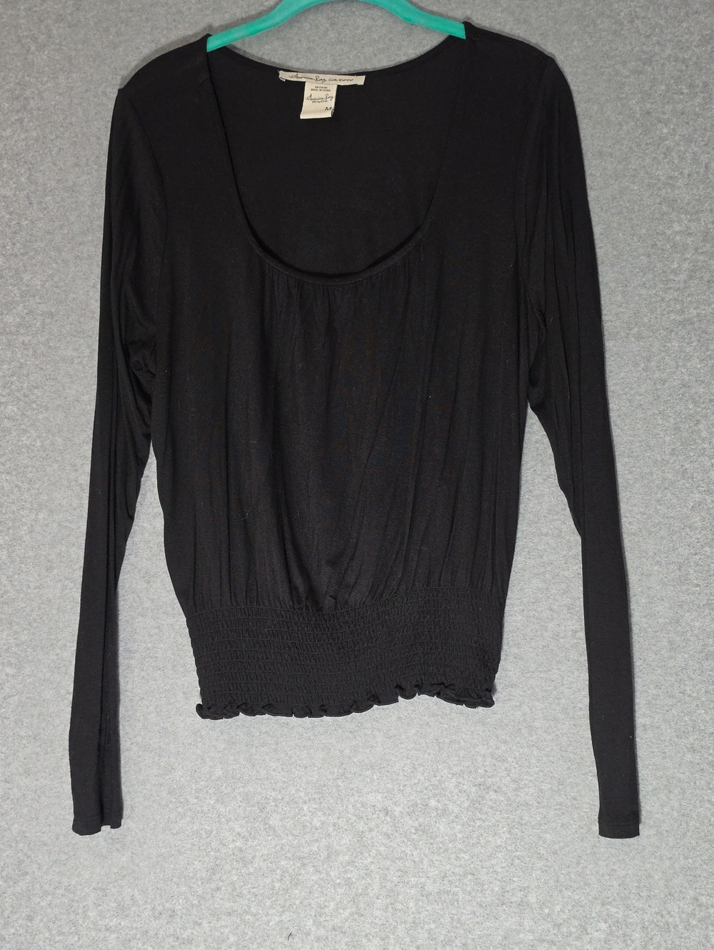 American Rag Black Long Sleeve Scoop-Neck Top with Smocked Hem